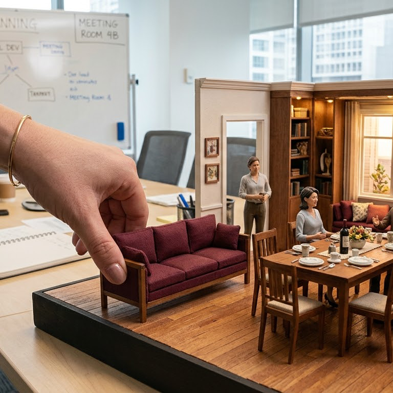 Person adjusting a scale interior model